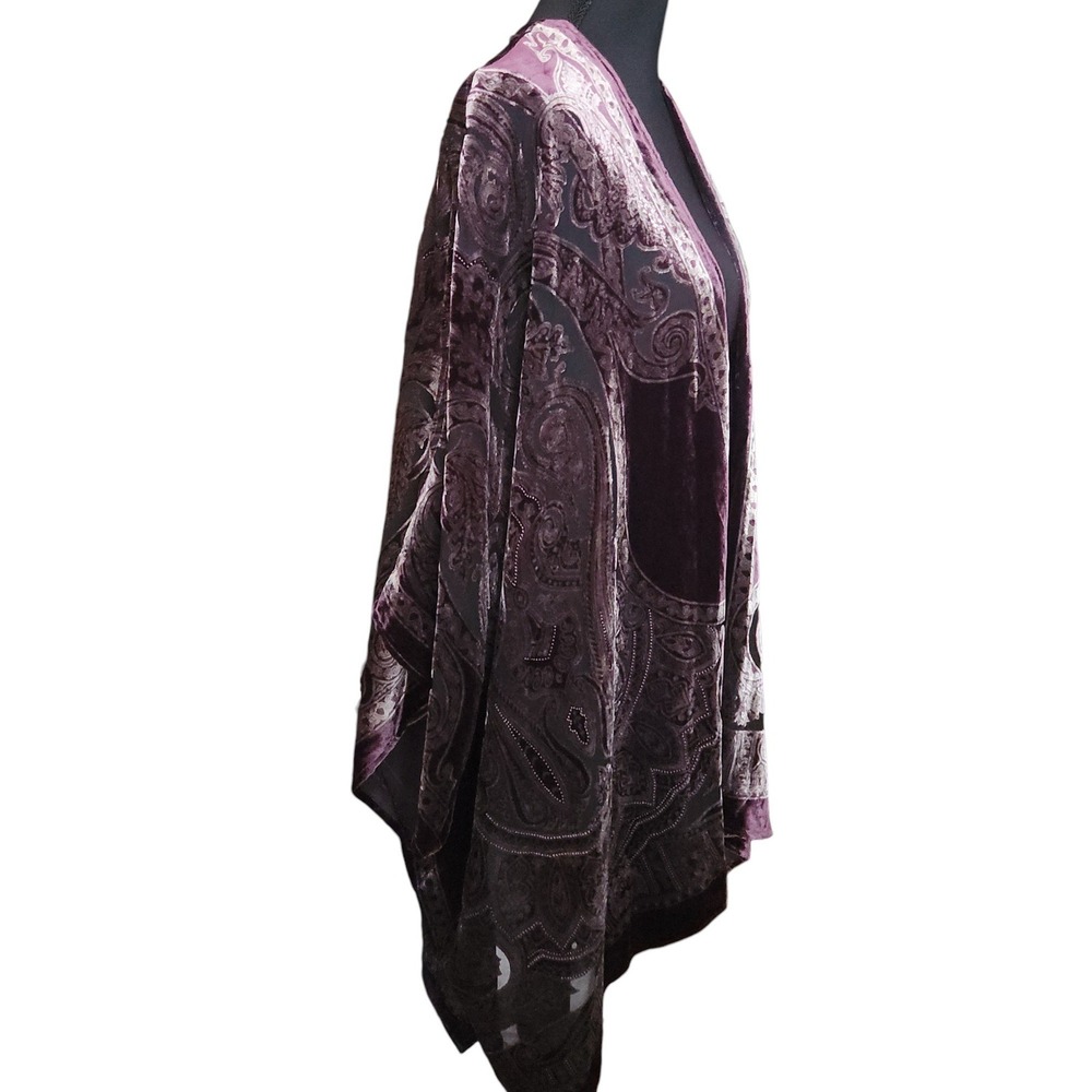 CHICO'S Travelers Velvet Burnout Kimono Dark Purple L/XL Paisley Duster $149 - Picture 3 of 6